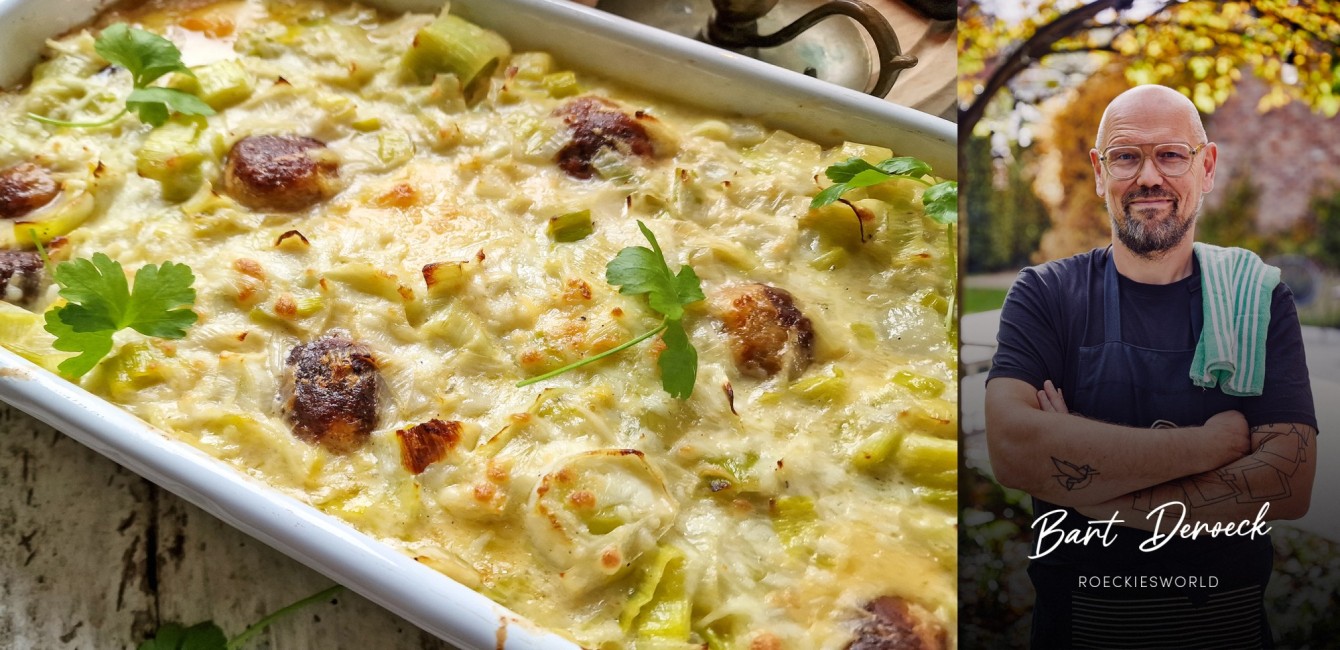 Bart Deroeck:<br/> Gratin de poireaux,<br/> boulettes de poulet et<br/> Flandrien Mi-Vieux