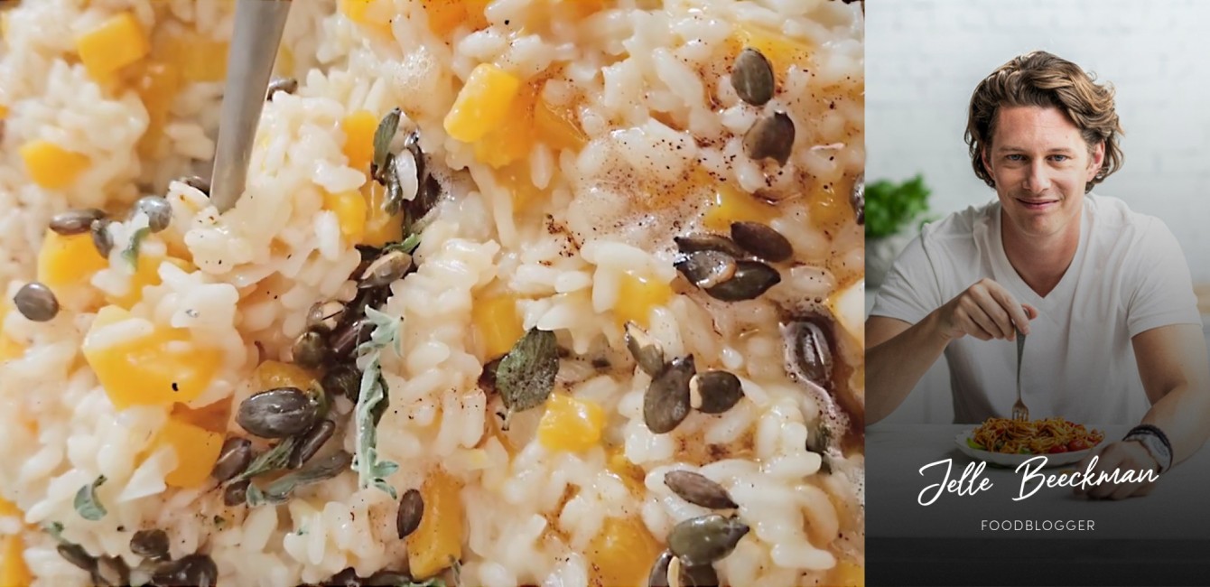 Jelle Beeckman :<br/> Risotto au butternut, <br/> Flandrien Vieux, <br/>origan et beurre noisette
