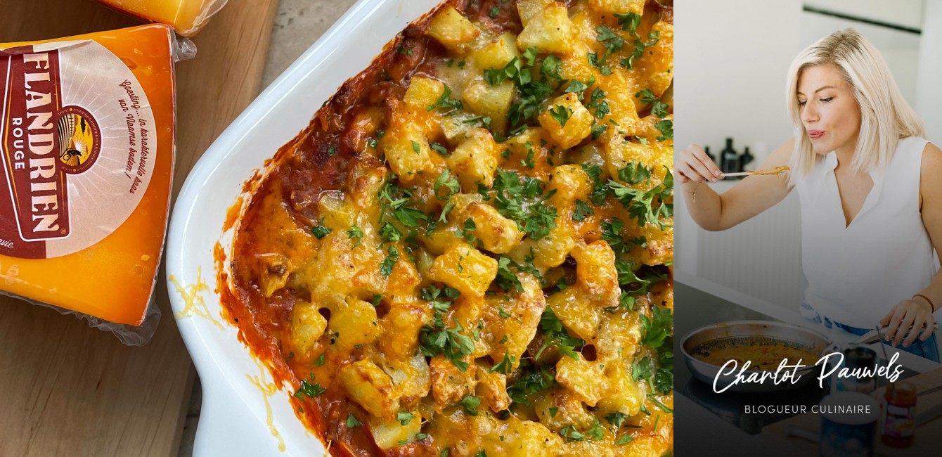 Charlot Pauwels :</br>Gratin de hach&eacute;, de pommes de terre, <br/>de Flandrien Mi-Vieux et <br/>de Flandrien Rouge