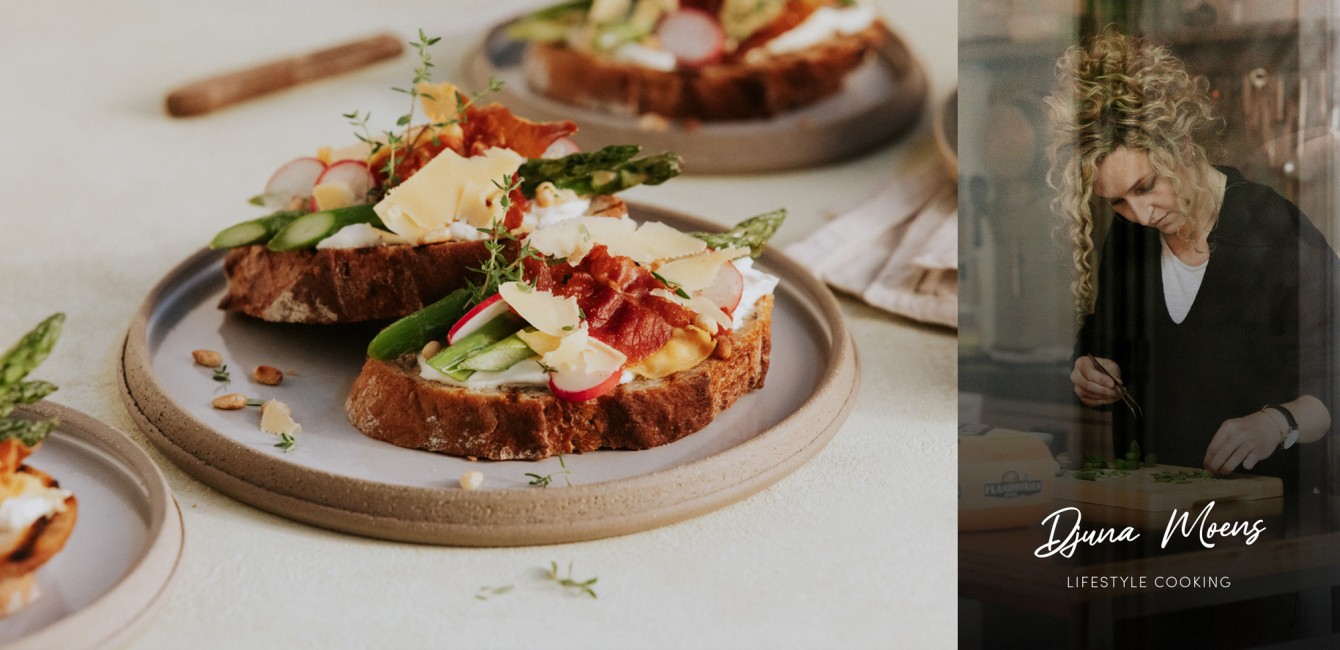 Djuna Moens : <br/>Bruschetta aux asperges vertes, <br/>au jambon fum&eacute; <br/>et au Flandrien Vieux