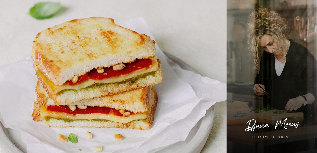 Djuna Moens :</br> Croque-monsieur au Flandrien Mi-Vieux, aux poivrons grill&eacute;s et au pesto
