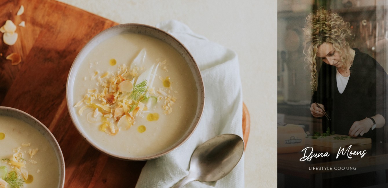 Djuna Moens : <br/>Gaspacho au fenouil <br/>garni d'amandes <br/>et de Flandrien Grand Cru