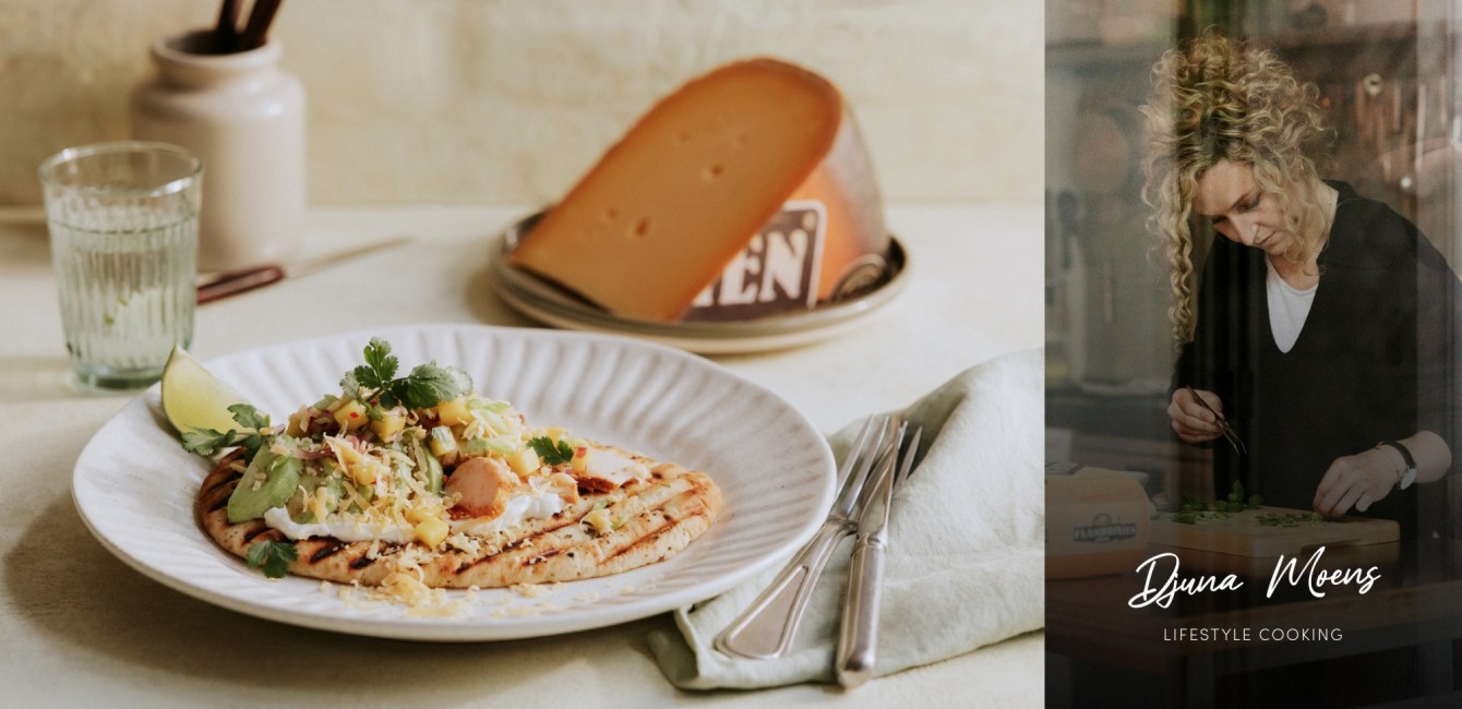 Djuna Moens : <br/>Pain naan grill&eacute; au poulet fum&eacute;, salsa &agrave; la mangue <br/>et Flandrien Vieux