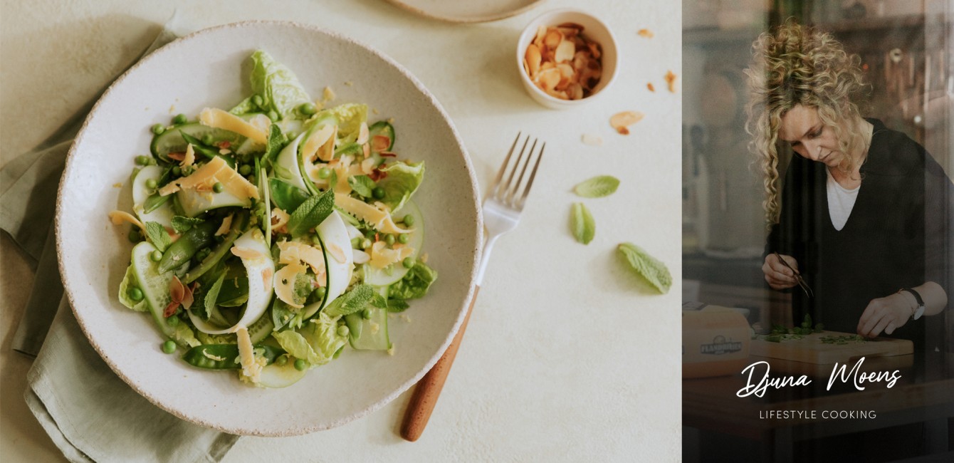 Djuna Moens: <br/>Groene salade met<br/> peulvruchten, muntdressing <br/>en Flandrien Grand Cru