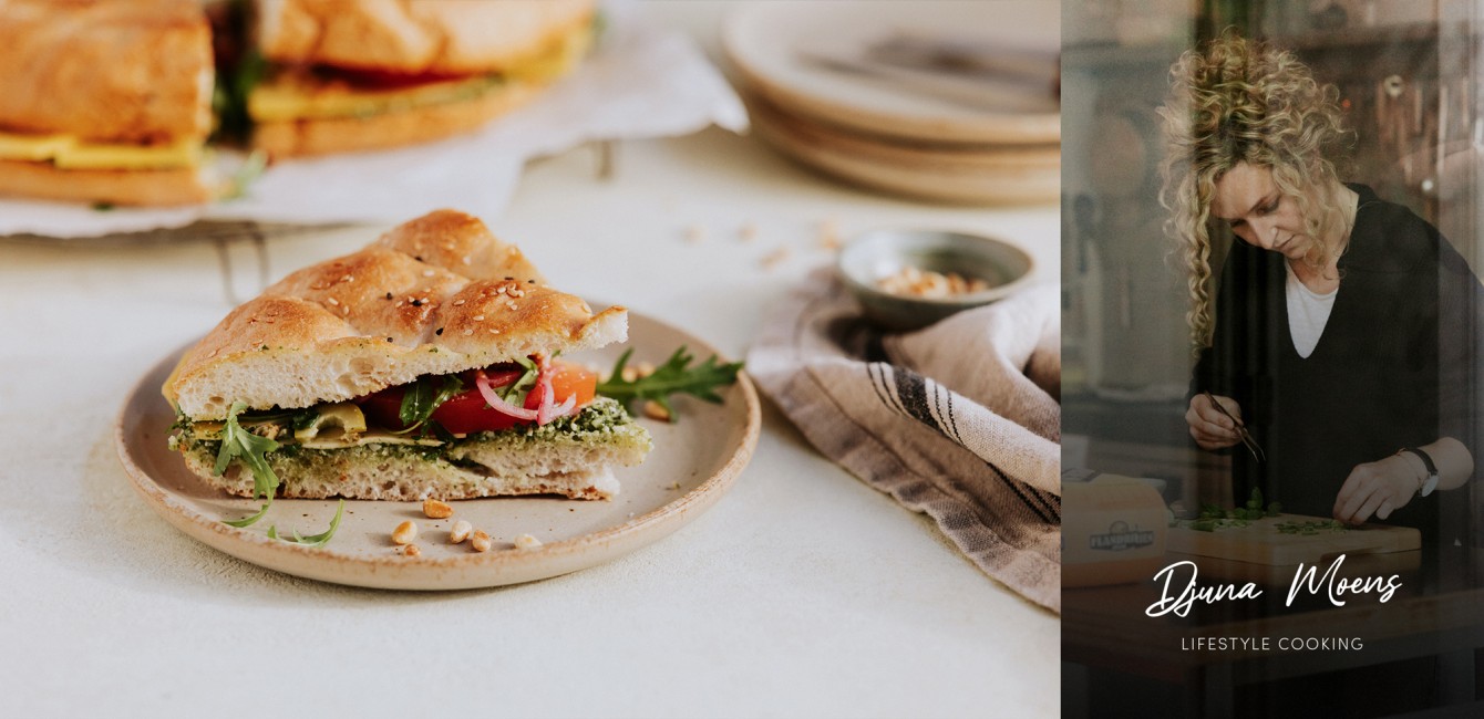 Djuna Moens:<br/> Grote sharing-sandwich met zomerse ingredi&euml;nten <br/>en Flandrien Gerijpt