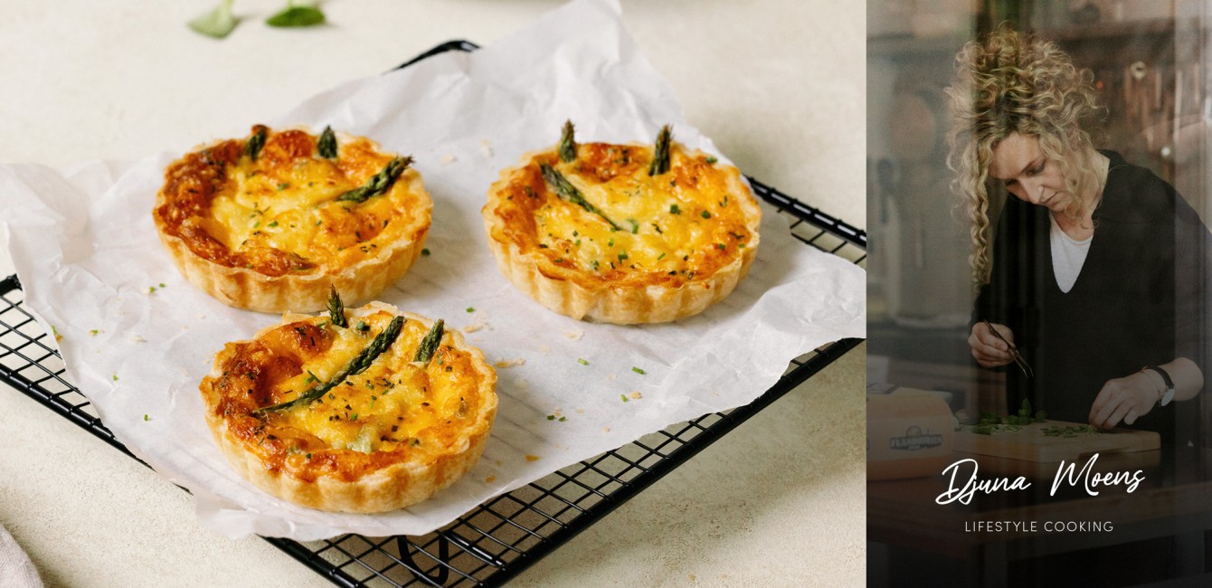 Djuna Moens:<br> Miniquiches met groene<br> aspergetips en romige</br> Flandrien Jong