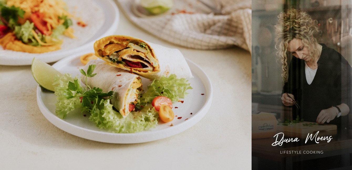 Djuna Moens :<br/> Wraps &agrave; l'avocat, <br/>aux poivrons grill&eacute;s et <br/>au Flandrien Rouge