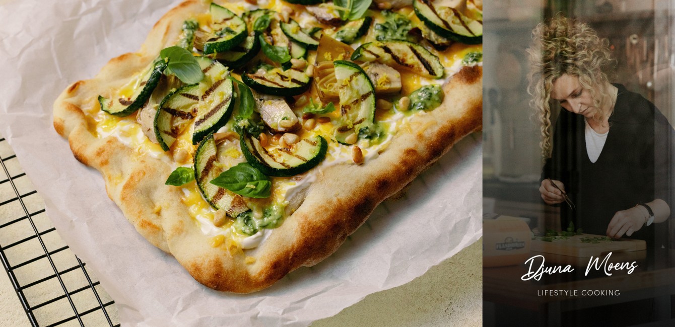 Pinsa au Flandrien Mi-Vieux, courgette, artichaut, <br/>pesto de citron et <br/>Flandrien Grand Cru