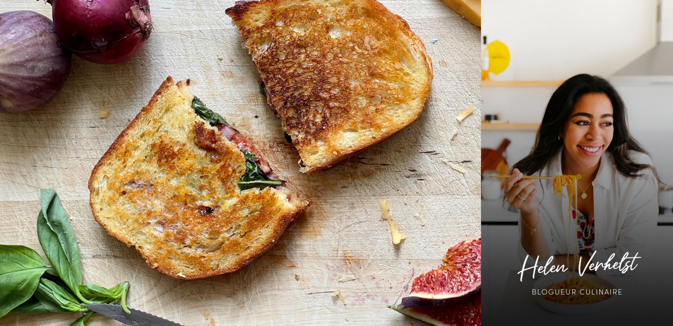 Helen Verhelst :</br> Croque-monsieur au</br> Flandrien Vieux, aux</br> figues fra&icirc;ches, aux oignons rouges et au basilic