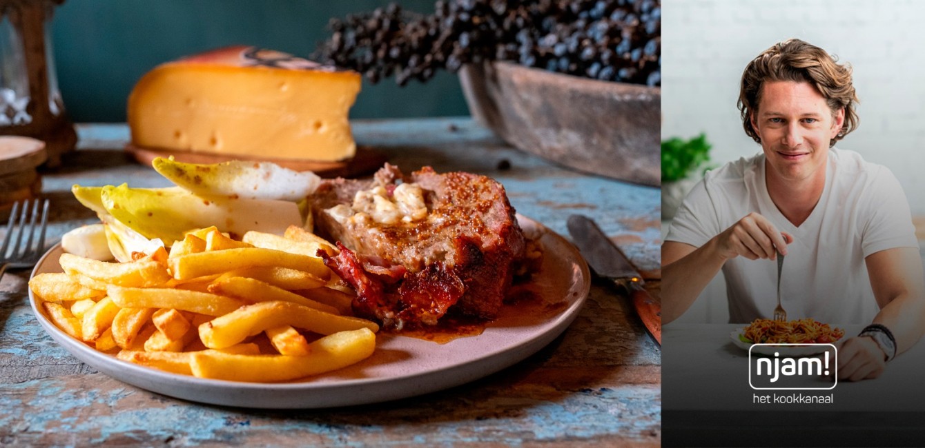 Jelle Beeckman: <br/>Gevuld gehaktbrood  <br/>met witloof, frietjes <br/>en Flandrien Oud