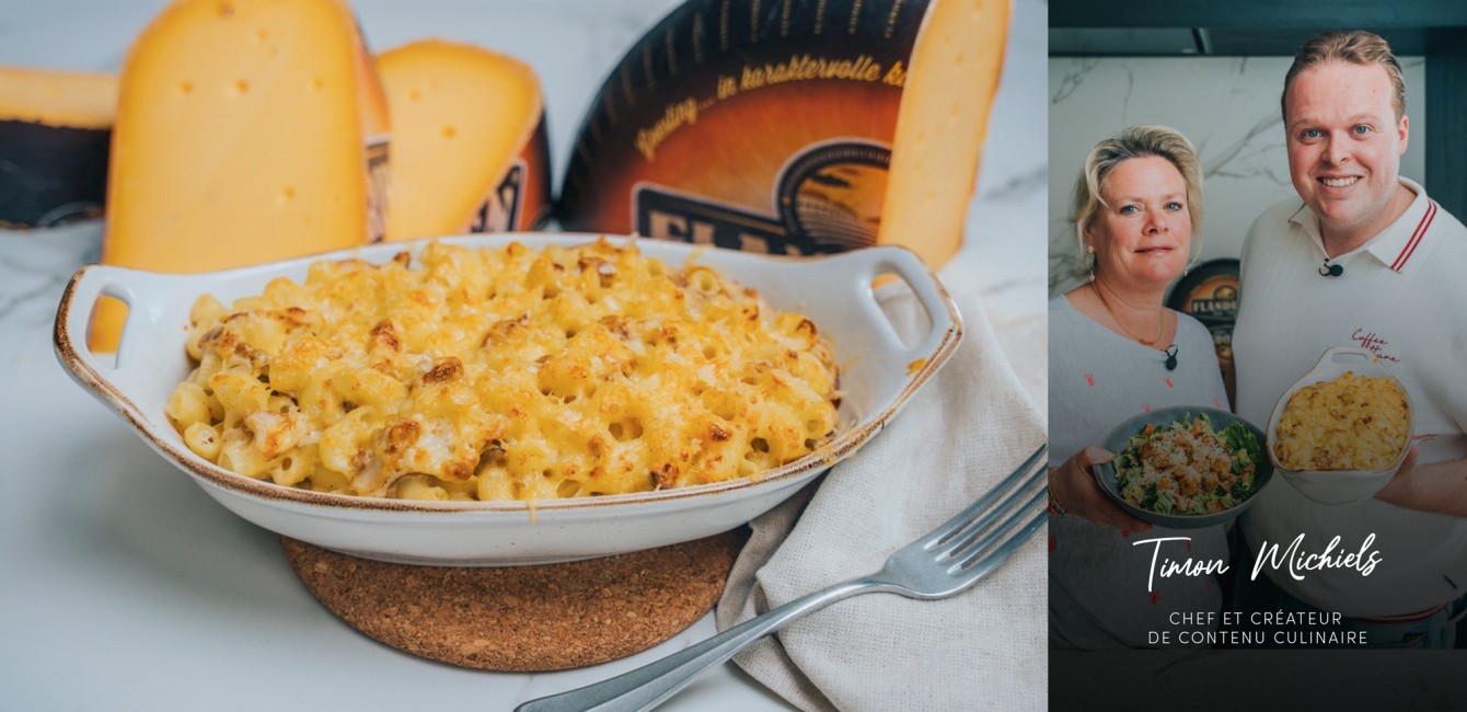 Timon Michiels: <br/>Mac & cheese <br/>au poulet effiloch&eacute;<br/> et au Flandrien Vieux