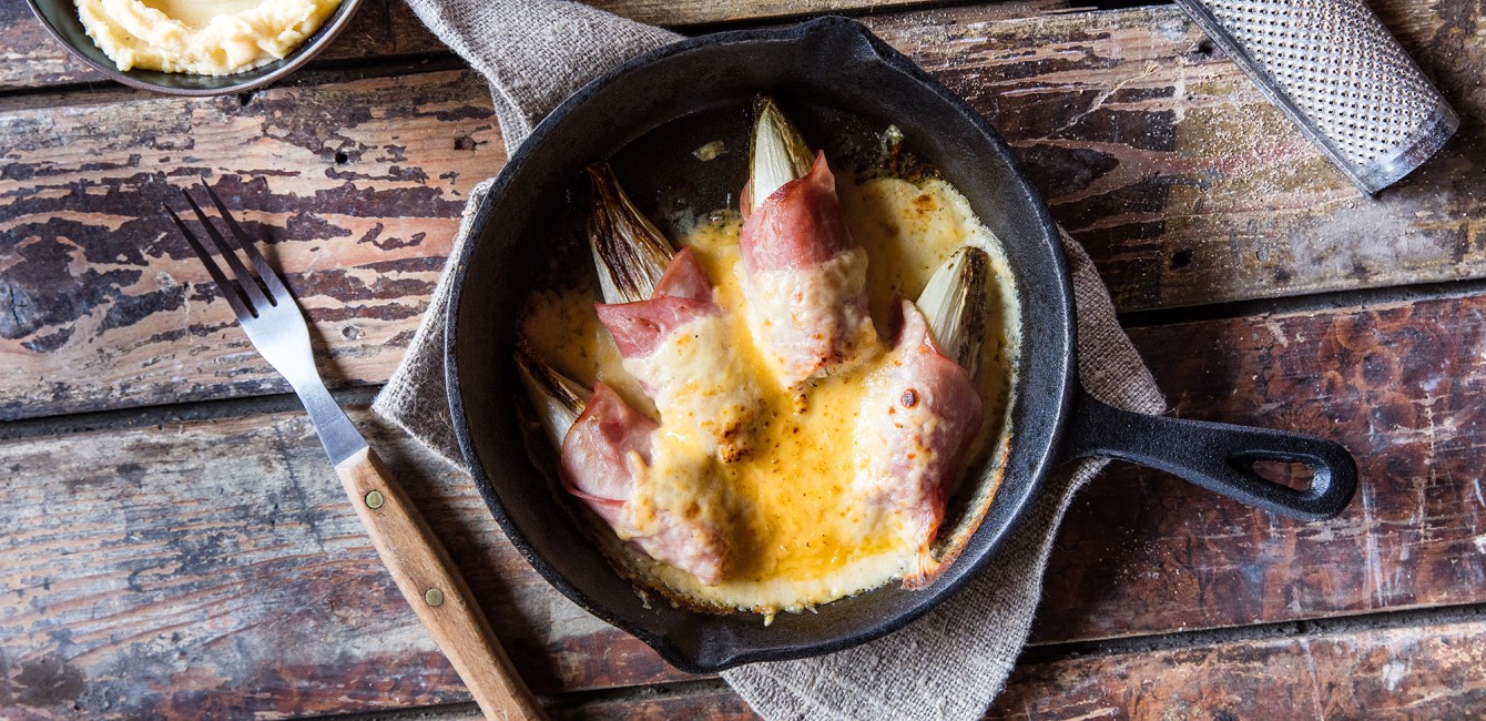 Chicons au gratin avec de la purée et du Flandrien Mi-Vieux